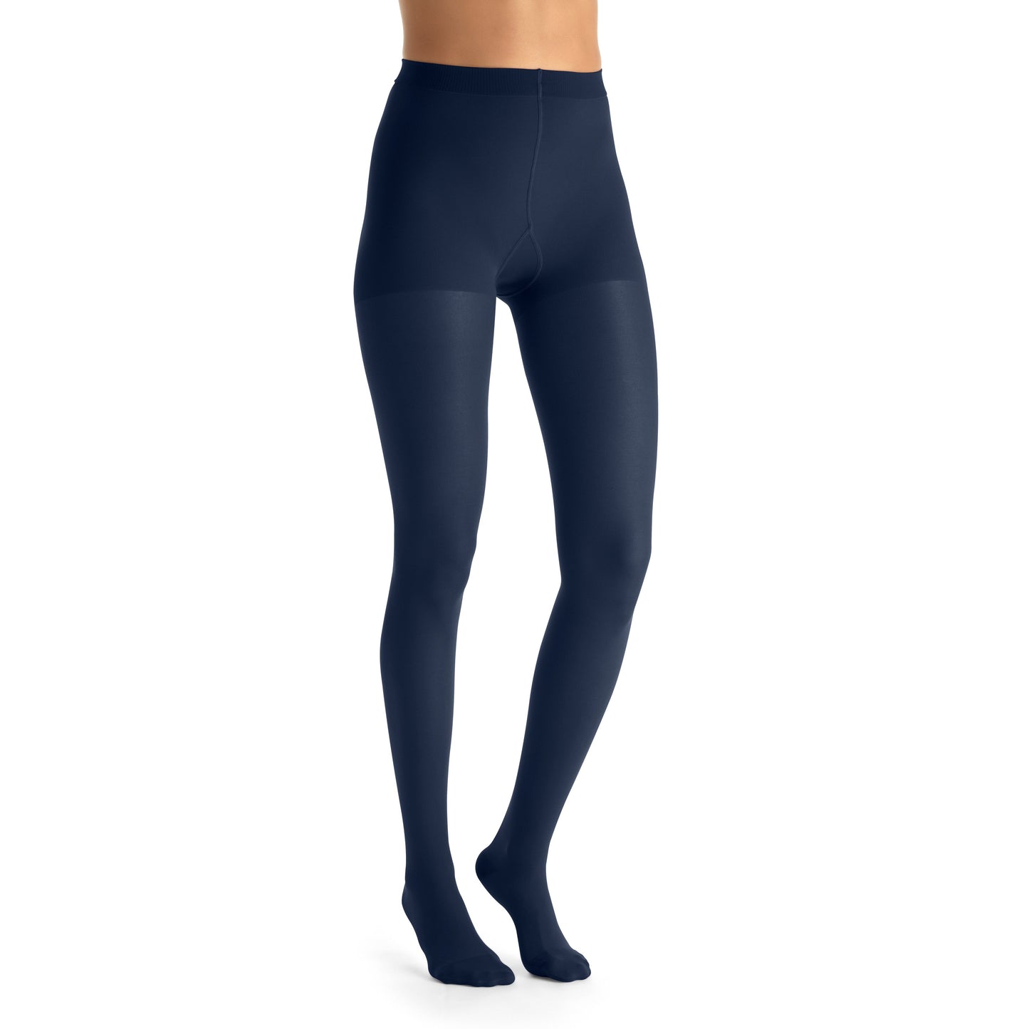 Navy tights worn by a person on a white background