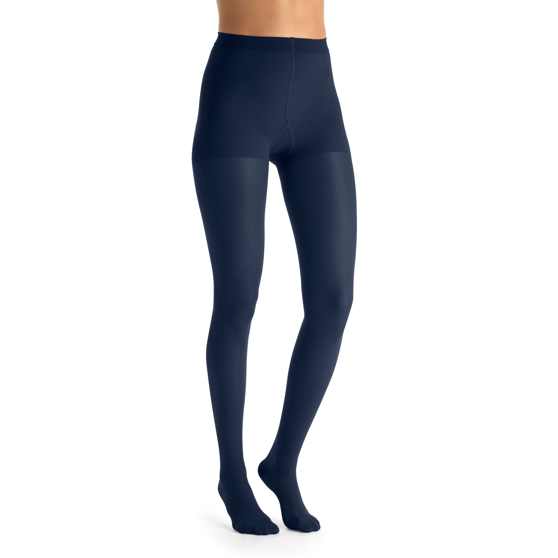 Navy tights worn by a person on a white background