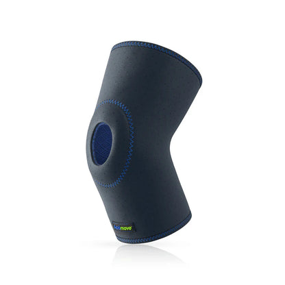 Black knee brace with blue accents on a white background