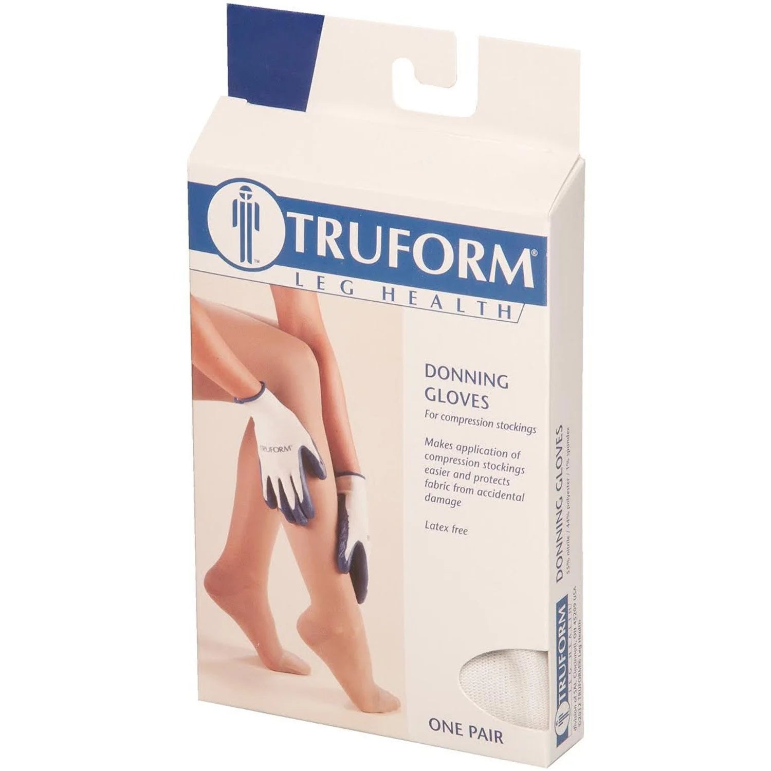 Truform leg health donning gloves packaging on a white background