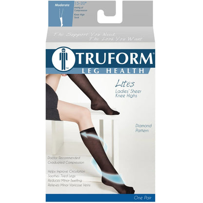 Truform leg health compression stocking packaging with a person wearing the stockings.