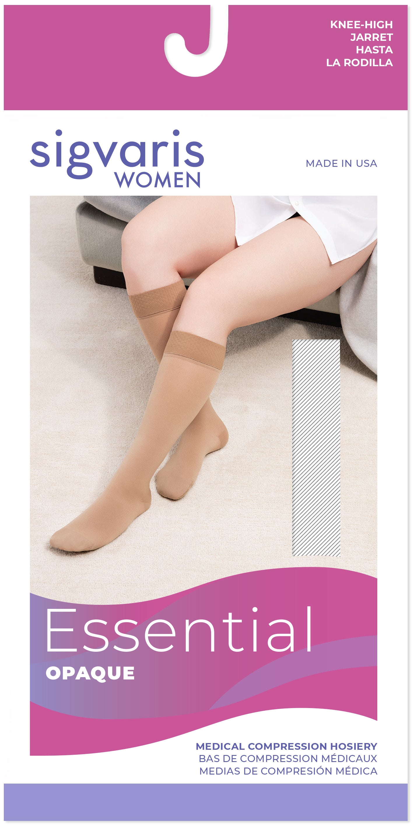 Sigvaris Women's Essential Opaque compression hosiery packaging with a model wearing the stockings.