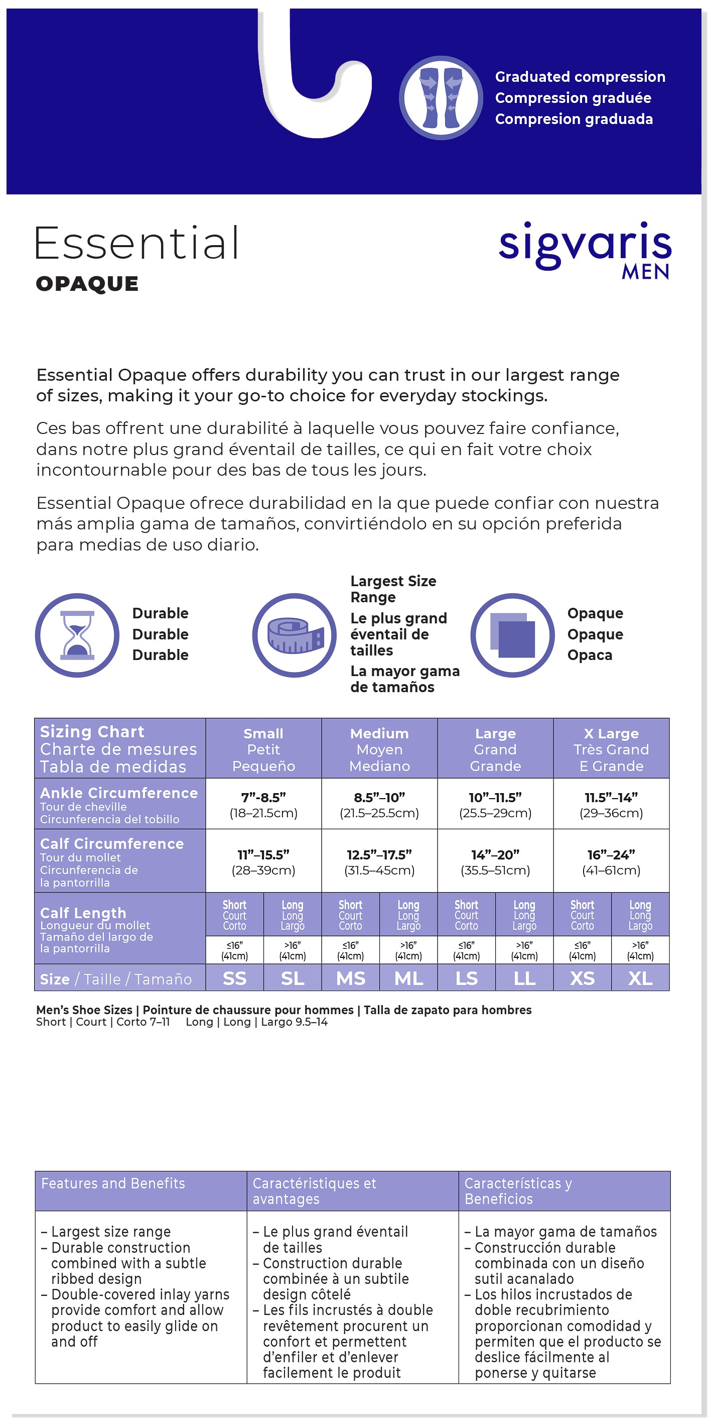 Sigvaris Men's Essential Opaque compression stockings size chart and information sheet.