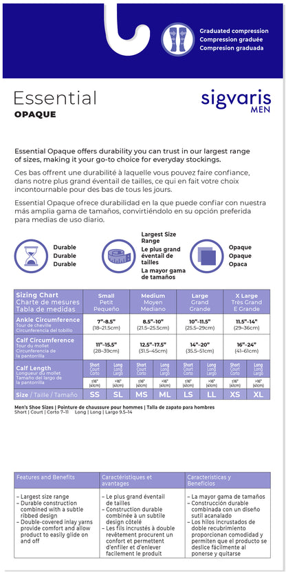 Sigvaris Men's Essential Opaque compression stockings size chart and information sheet.