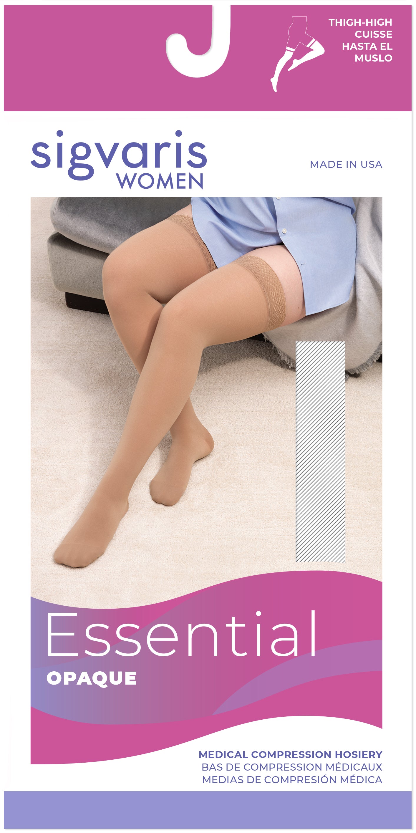 Sigvaris Women's Essential Opaque compression hosiery packaging with a model wearing the product.