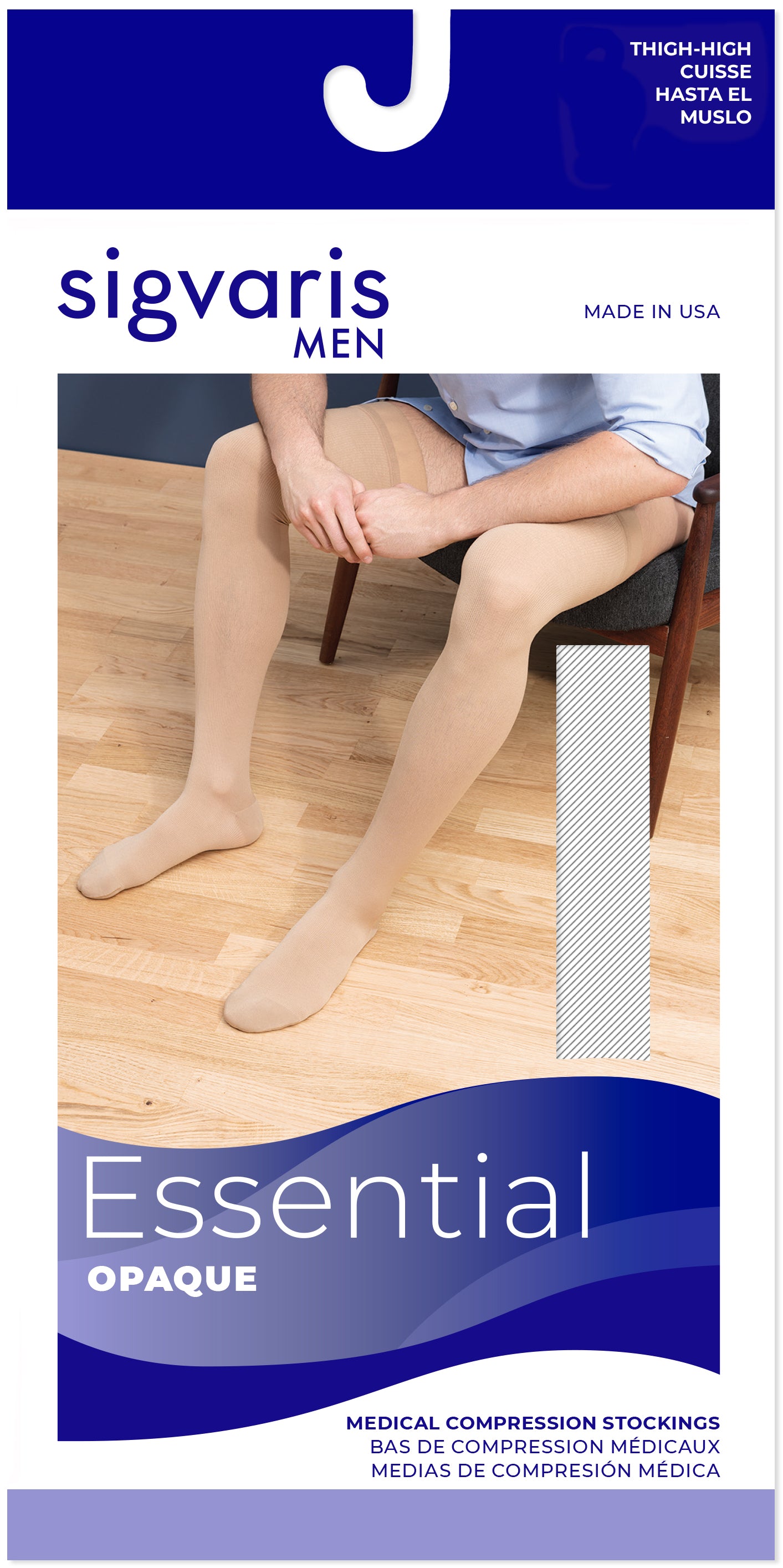 Sigvaris compression sock packaging with a person wearing socks on a white background