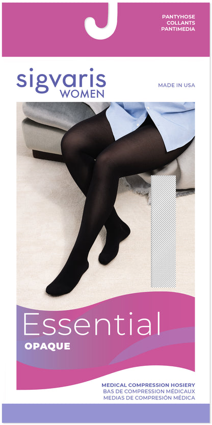 Sigvaris Women's Essential Opaque compression hosiery packaging with a person wearing the hosiery.