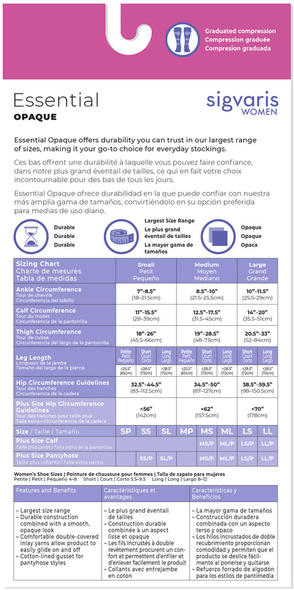 Sigvaris Women's compression stocking size chart with product details.