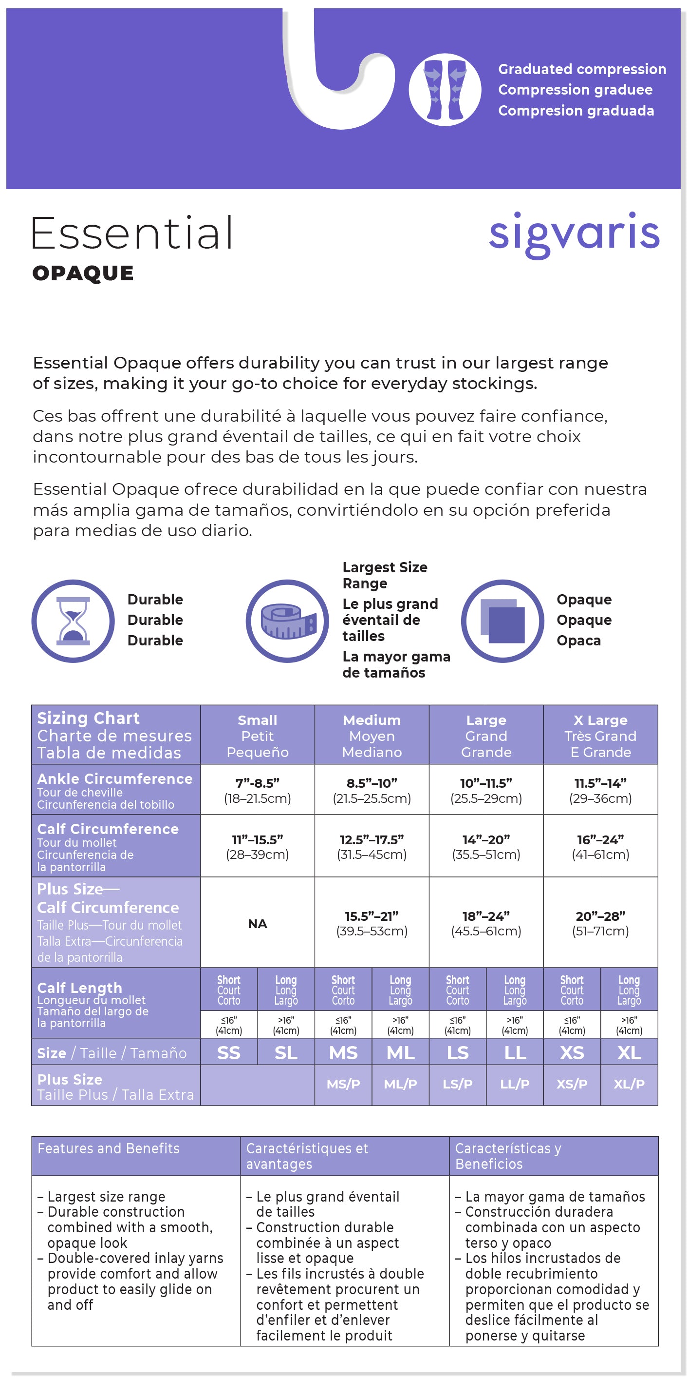 Sigvaris Essential Opaque compression stocking size chart with brand logo.