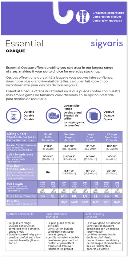 Sigvaris Essential Opaque compression stocking size chart with brand logo.