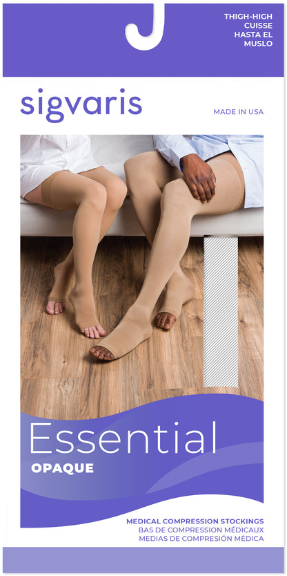 Sigvaris Essential Opaque compression stockings packaging with two people wearing the stockings.