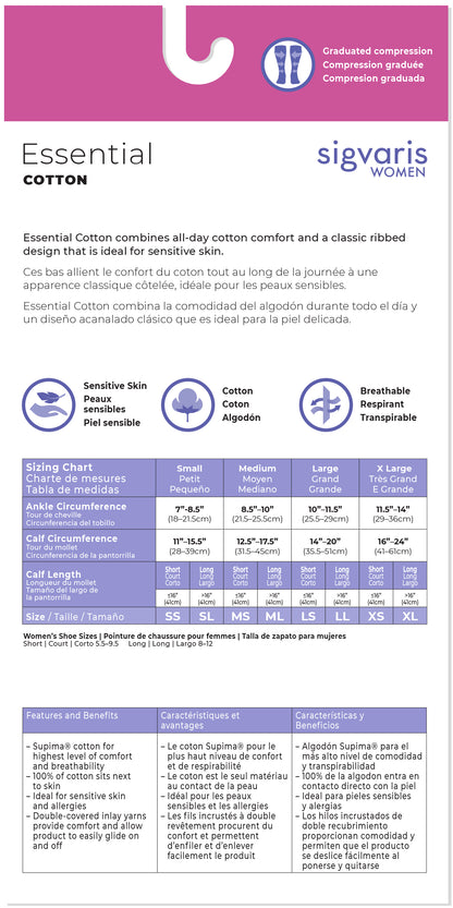 Sigvaris Women's compression stockings size chart with product details.