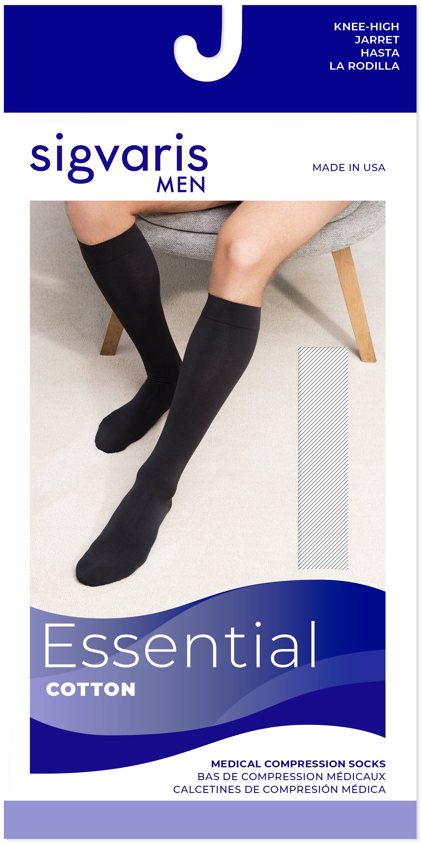Sigvaris Men's Essential Cotton compression socks packaging with a person wearing socks.