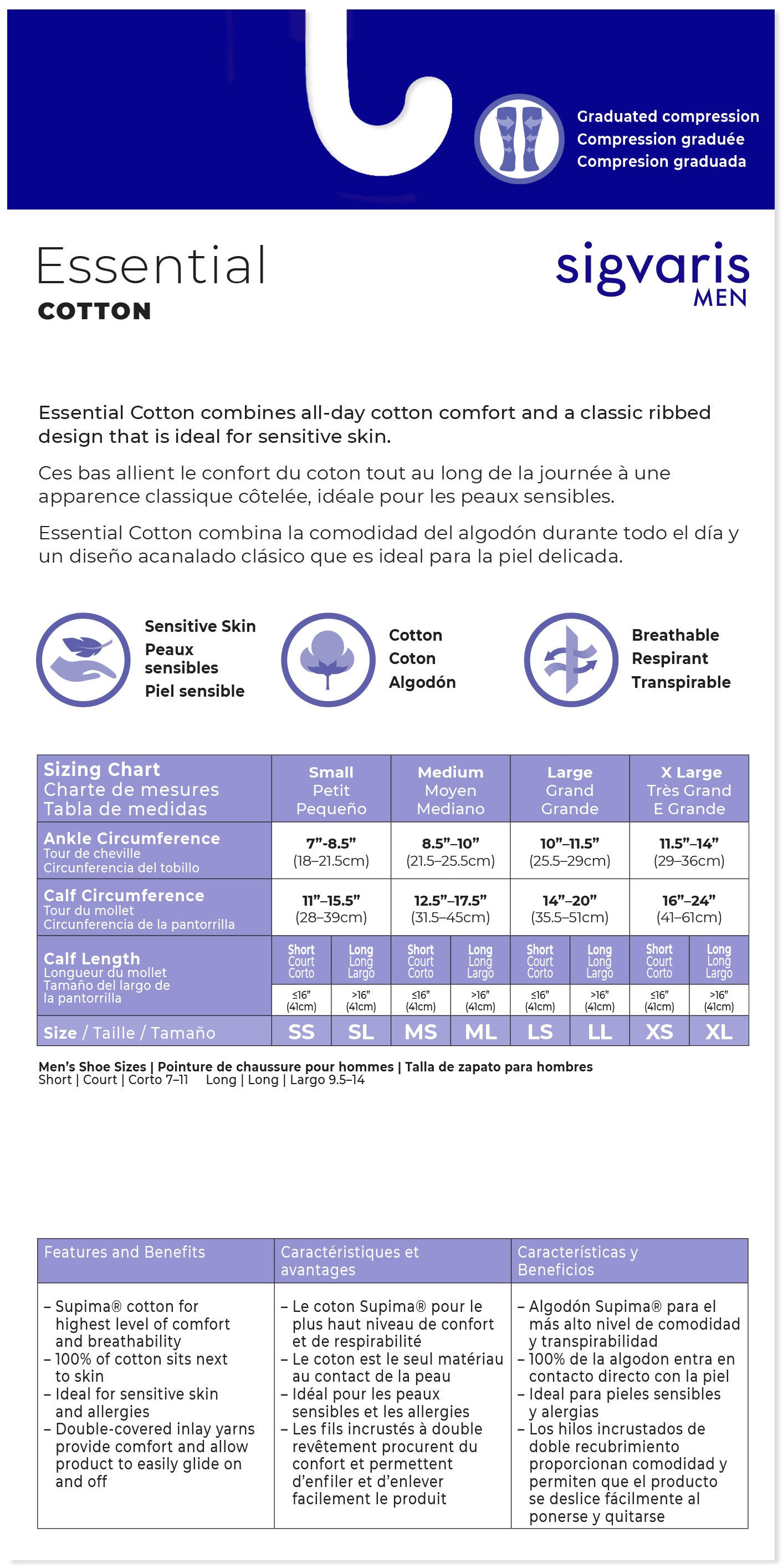 Sigvaris Men's compression stocking size chart with brand logo and text.