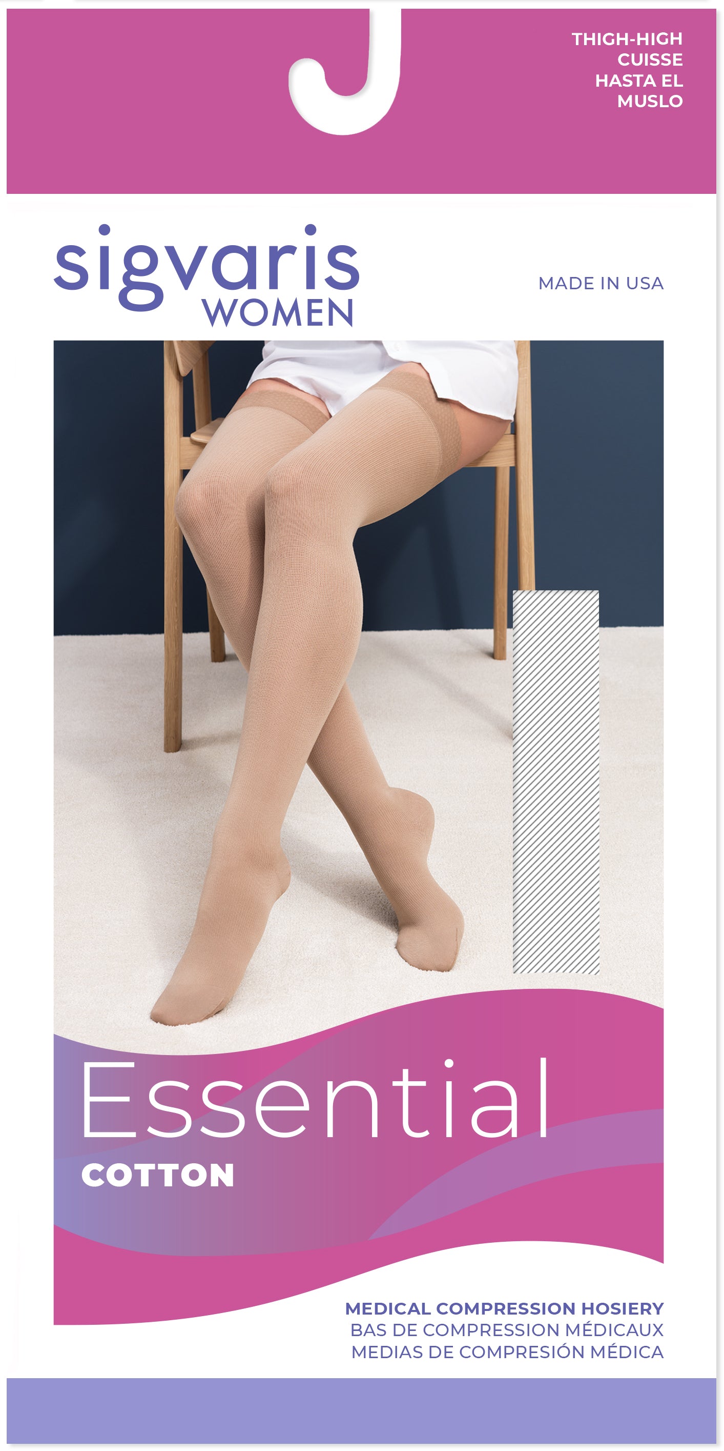 Sigvaris compression sock packaging with a person wearing socks on a white background