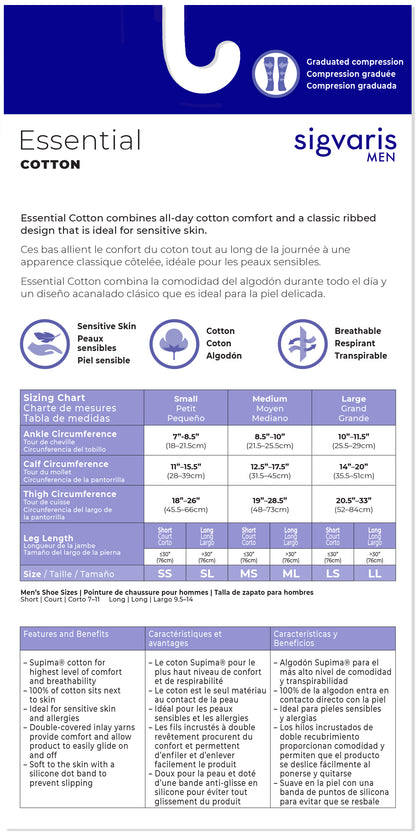 Sigvaris Men's graduated compression sleeve size chart with brand logo.