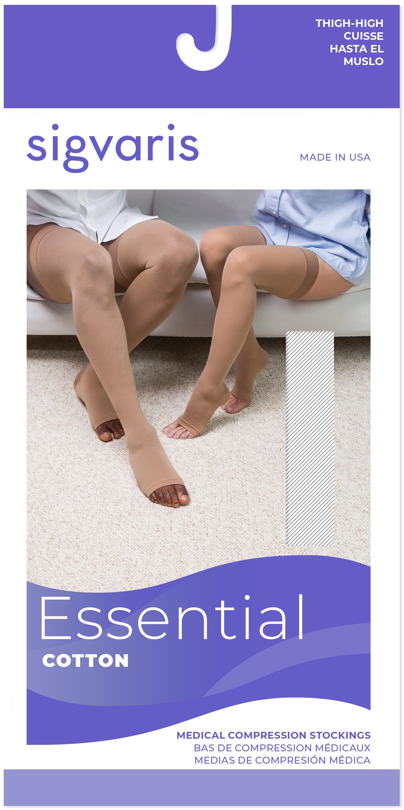 Sigvaris Essential Cotton compression stockings packaging with two people wearing the stockings.