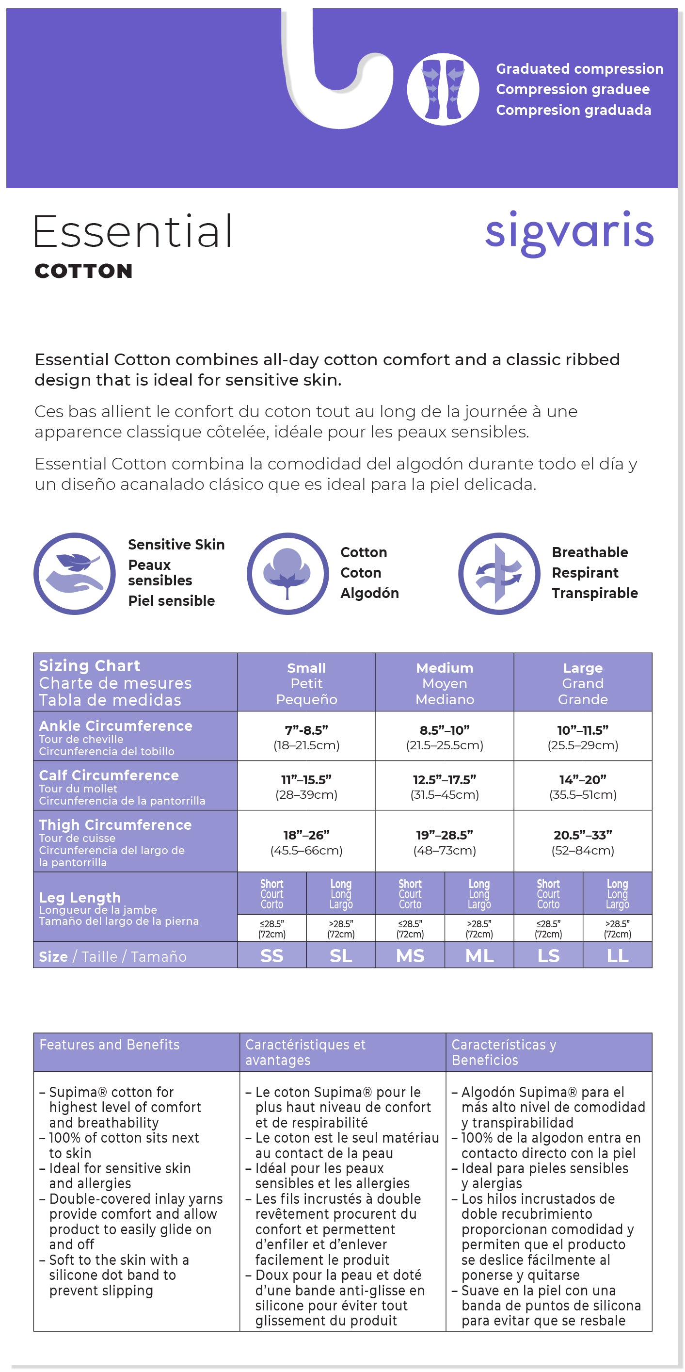 Sigvaris Essential Cotton compression stocking size chart with color-coded information.