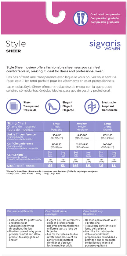 Sigvaris Women's compression stocking size chart with product details and features.
