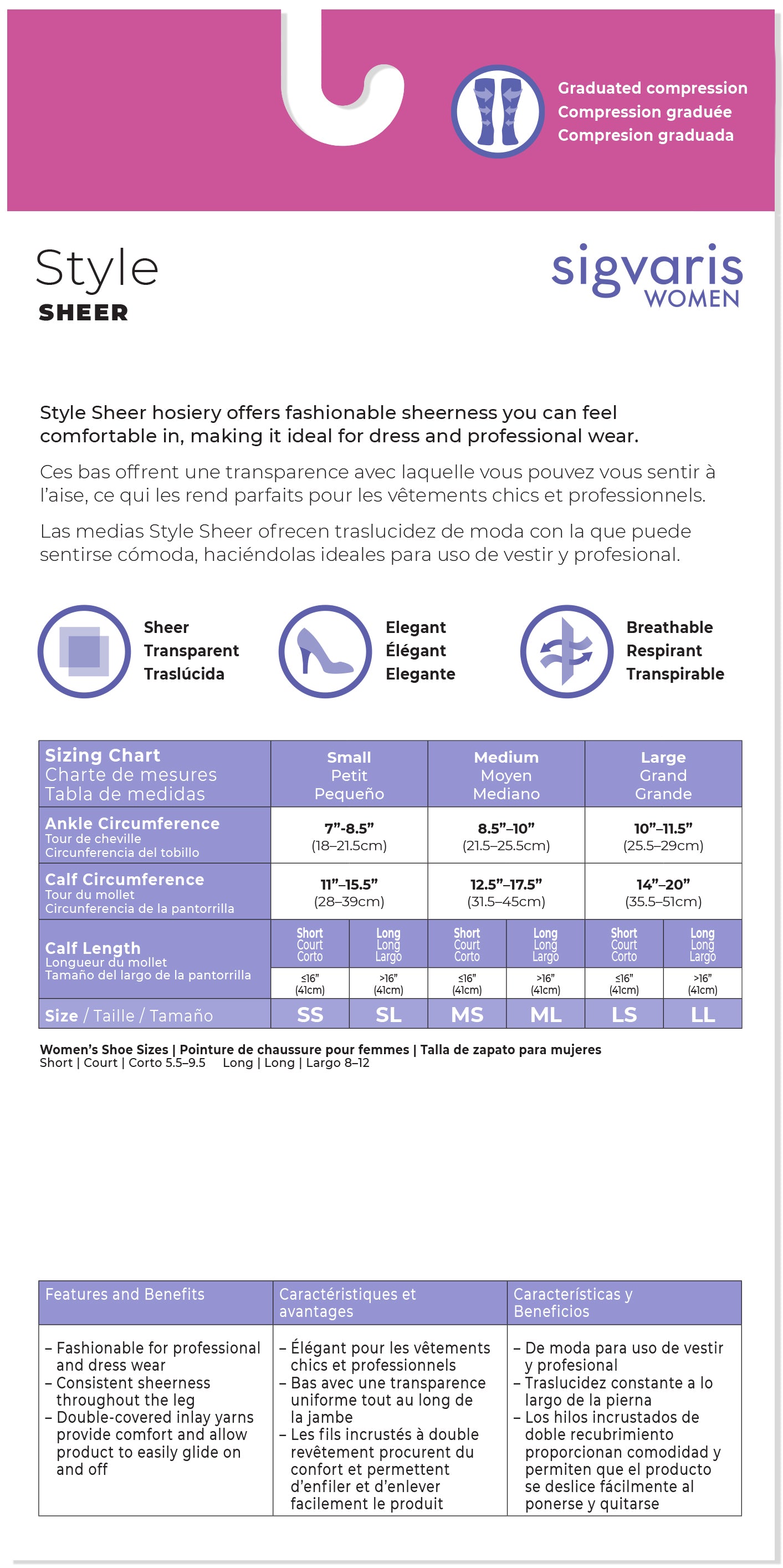 Sigvaris Women's compression stocking size chart with product details and features.