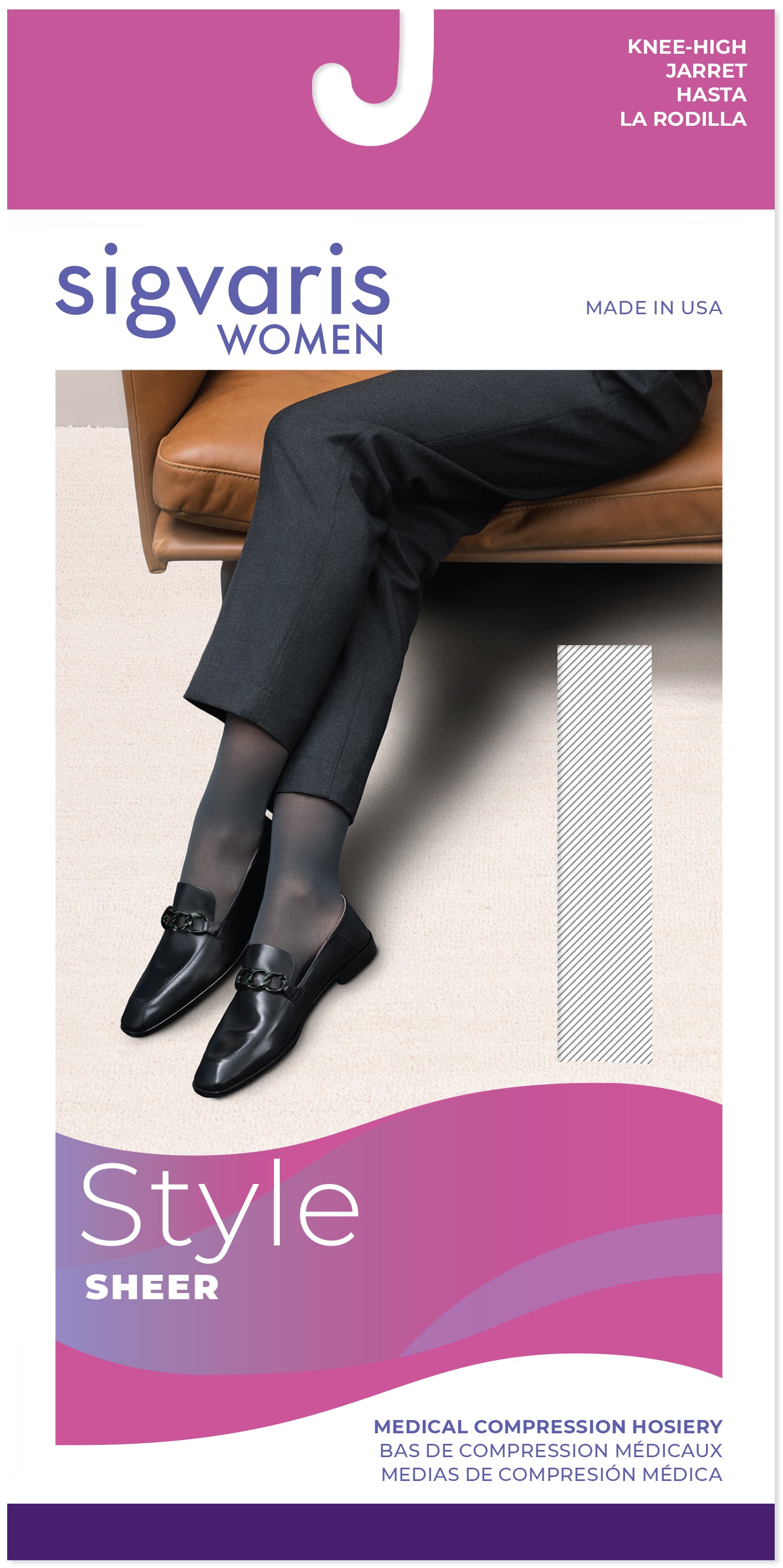 Sigvaris women's compression hosiery packaging with a person wearing black shoes and stockings.