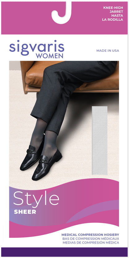 Sigvaris women's compression hosiery packaging with a person wearing black shoes and stockings.
