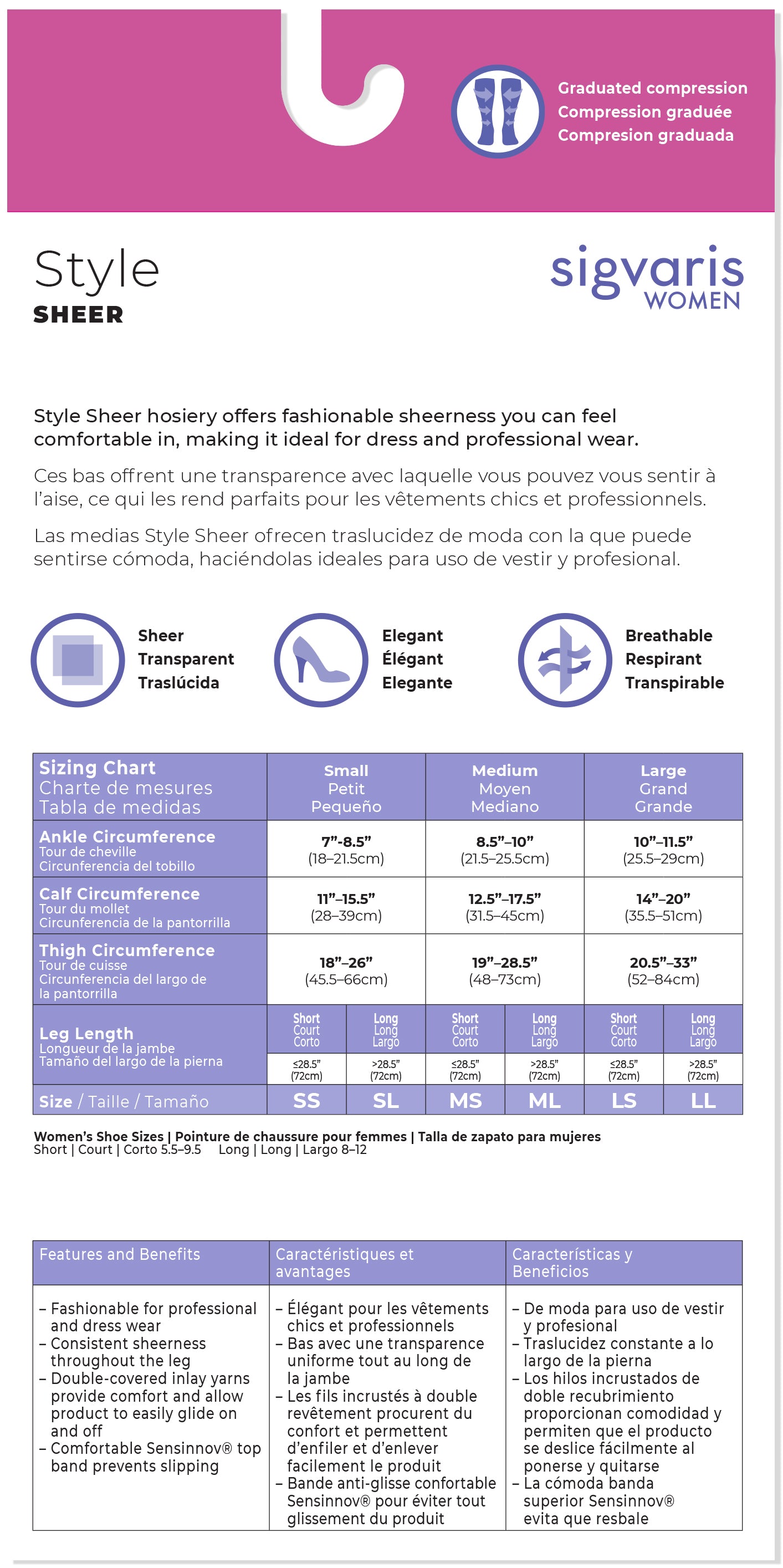 Sigvaris Women's compression hosiery style chart with size guide and product details.