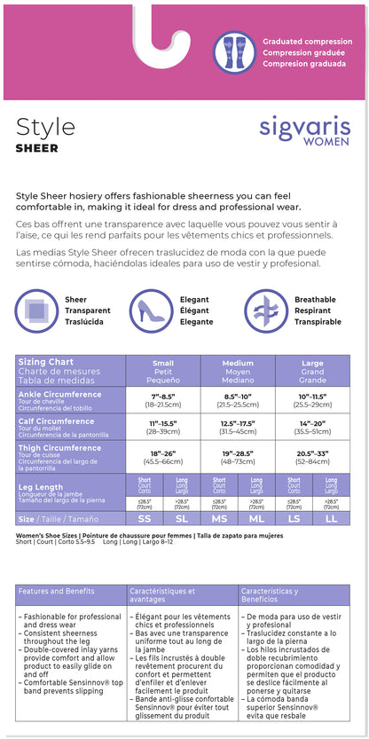 Sigvaris Women's compression hosiery style chart with size guide and product details.