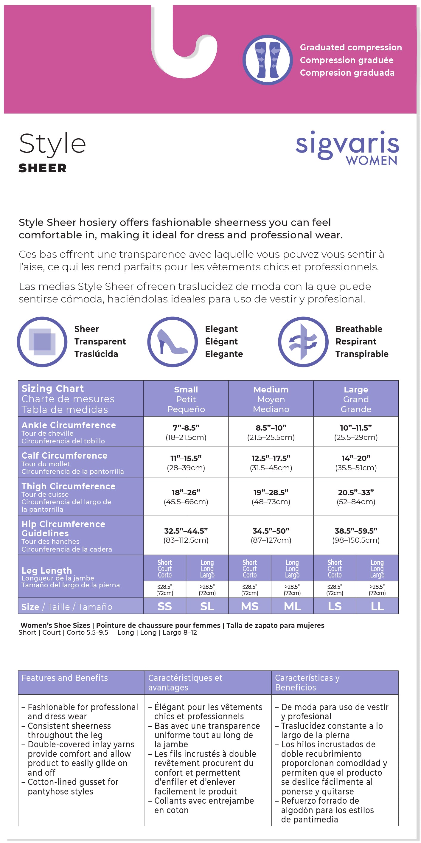 Sigvaris Women's compression hose size chart with product details.