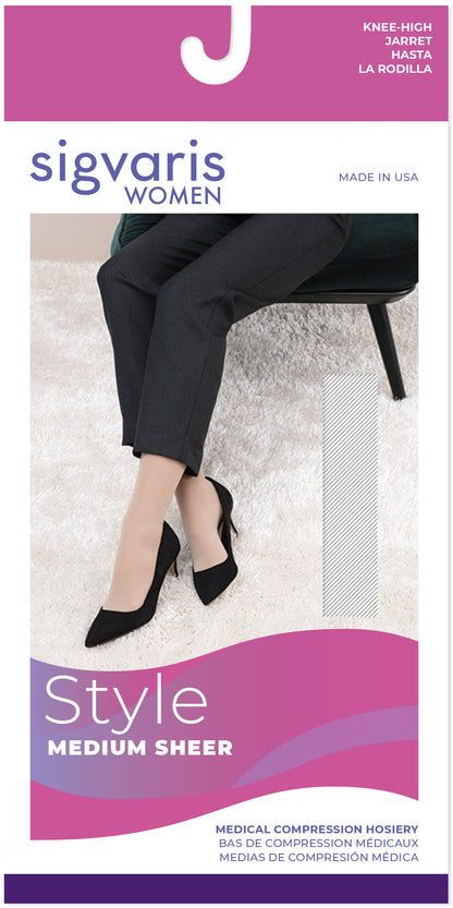 Sigvaris women's compression hosiery packaging with a person wearing black pants and high heels.