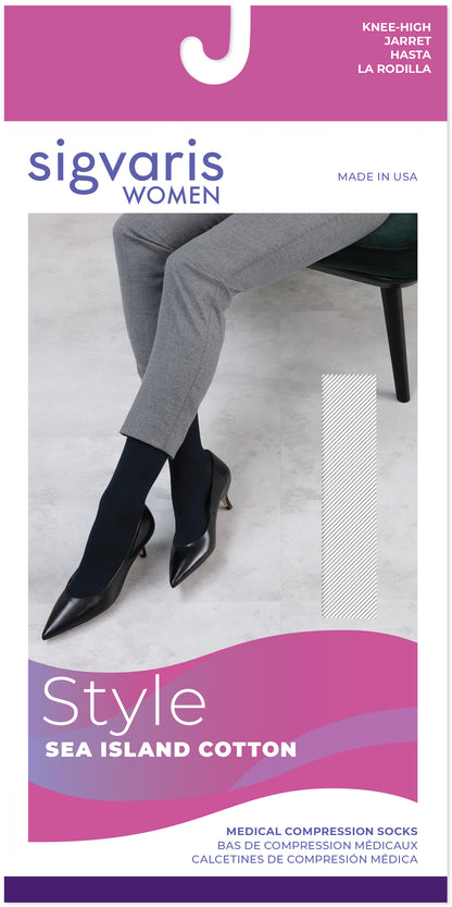 Sigvaris Women's compression socks packaging with a person wearing the socks.