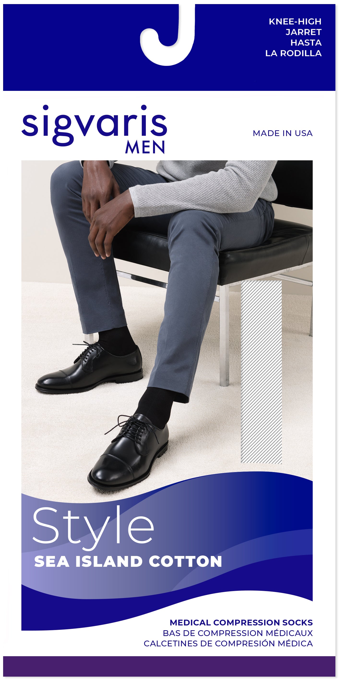 Sigvaris Men's compression socks packaging with a man sitting on a chair wearing the socks.