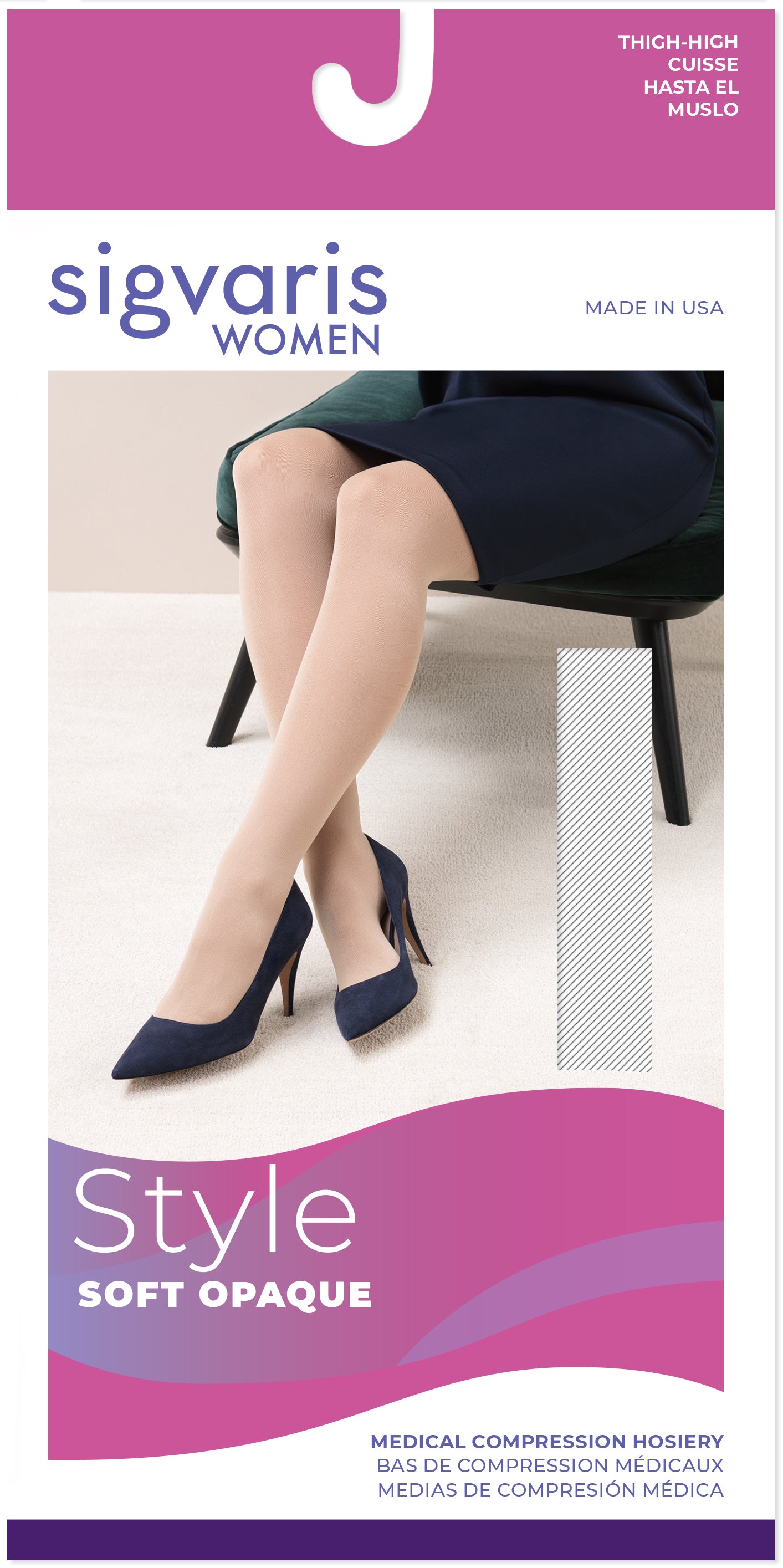 Sigvaris women's compression hosiery packaging with a model wearing high heels.