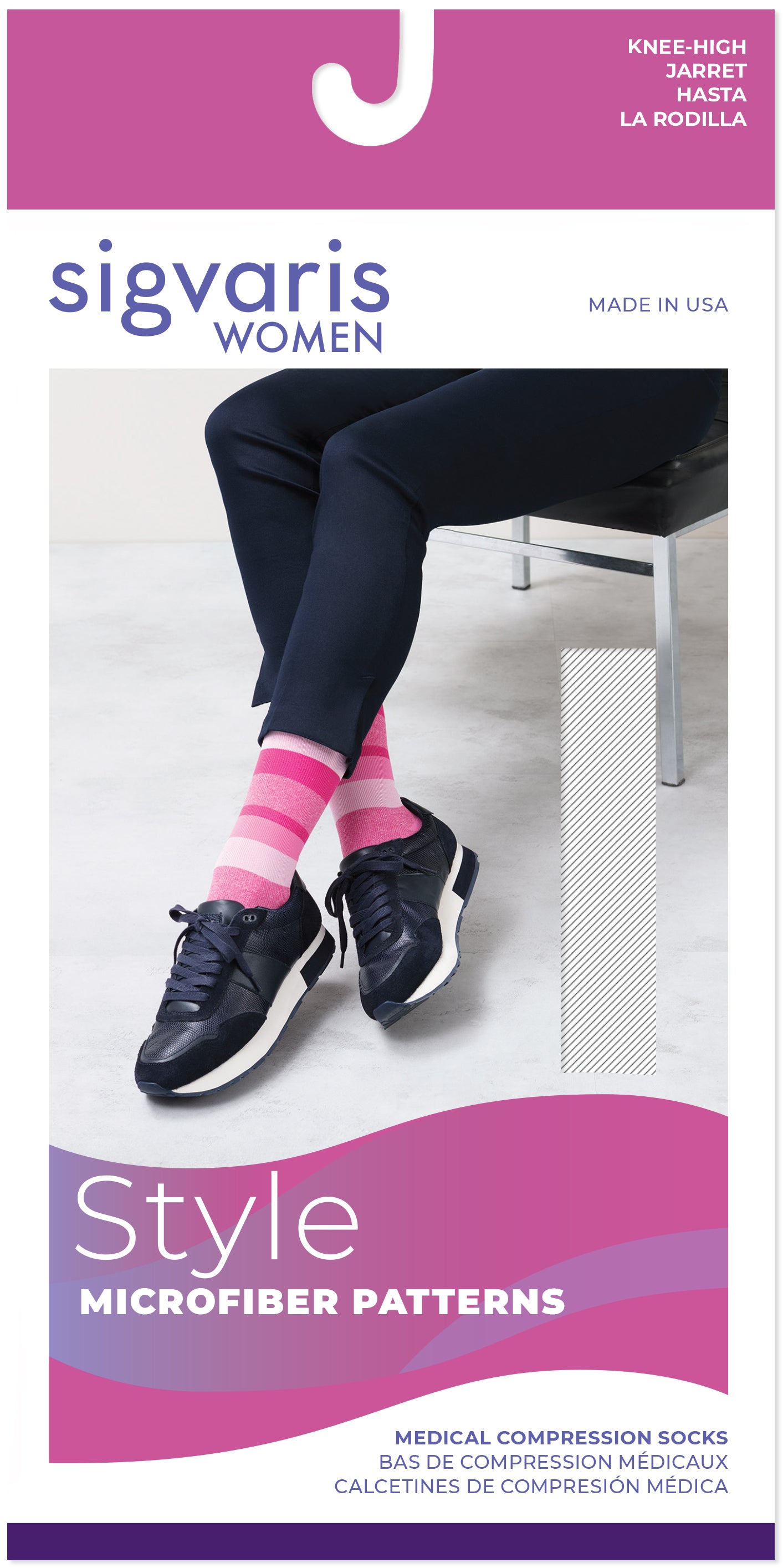 Sigvaris women's compression socks packaging with a person wearing the socks.