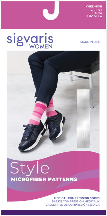 Sigvaris women's compression socks packaging with a person wearing the socks.