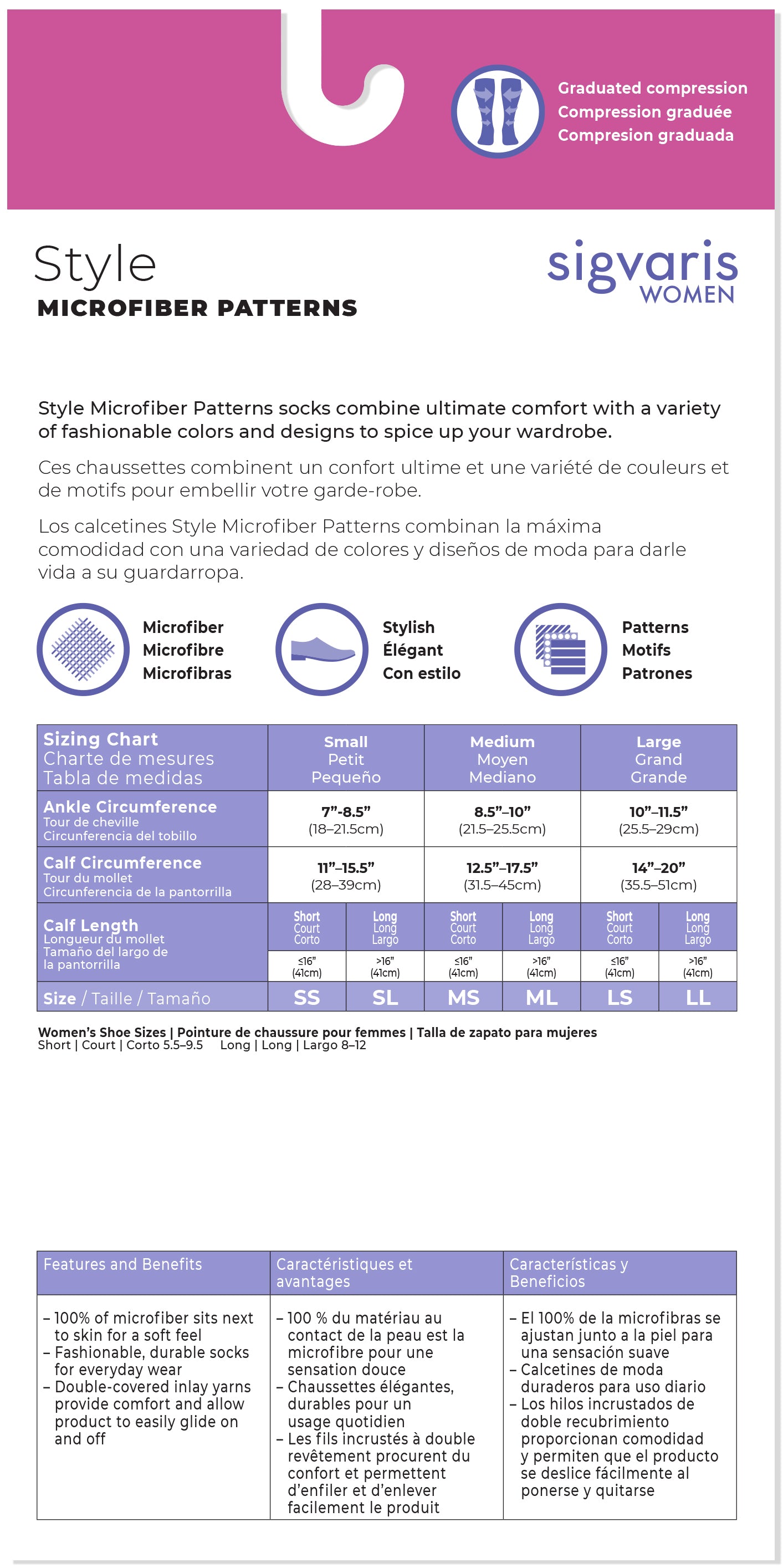 Sigvaris Women's compression sock style chart with microfiber patterns and size guide.