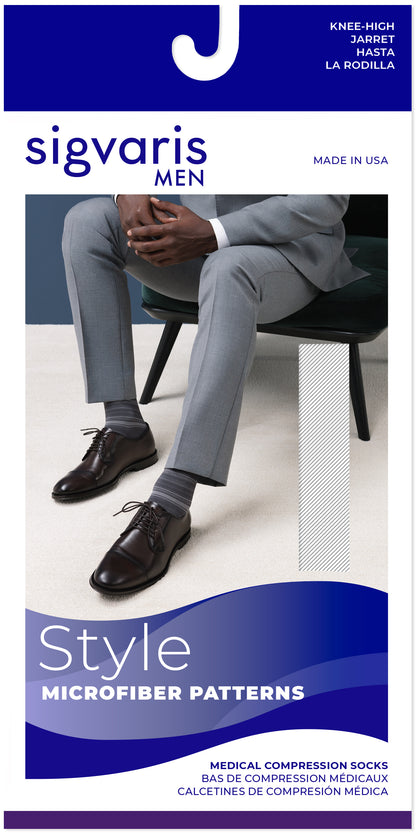 Sigvaris Men's compression socks packaging with a person wearing gray pants and black shoes.