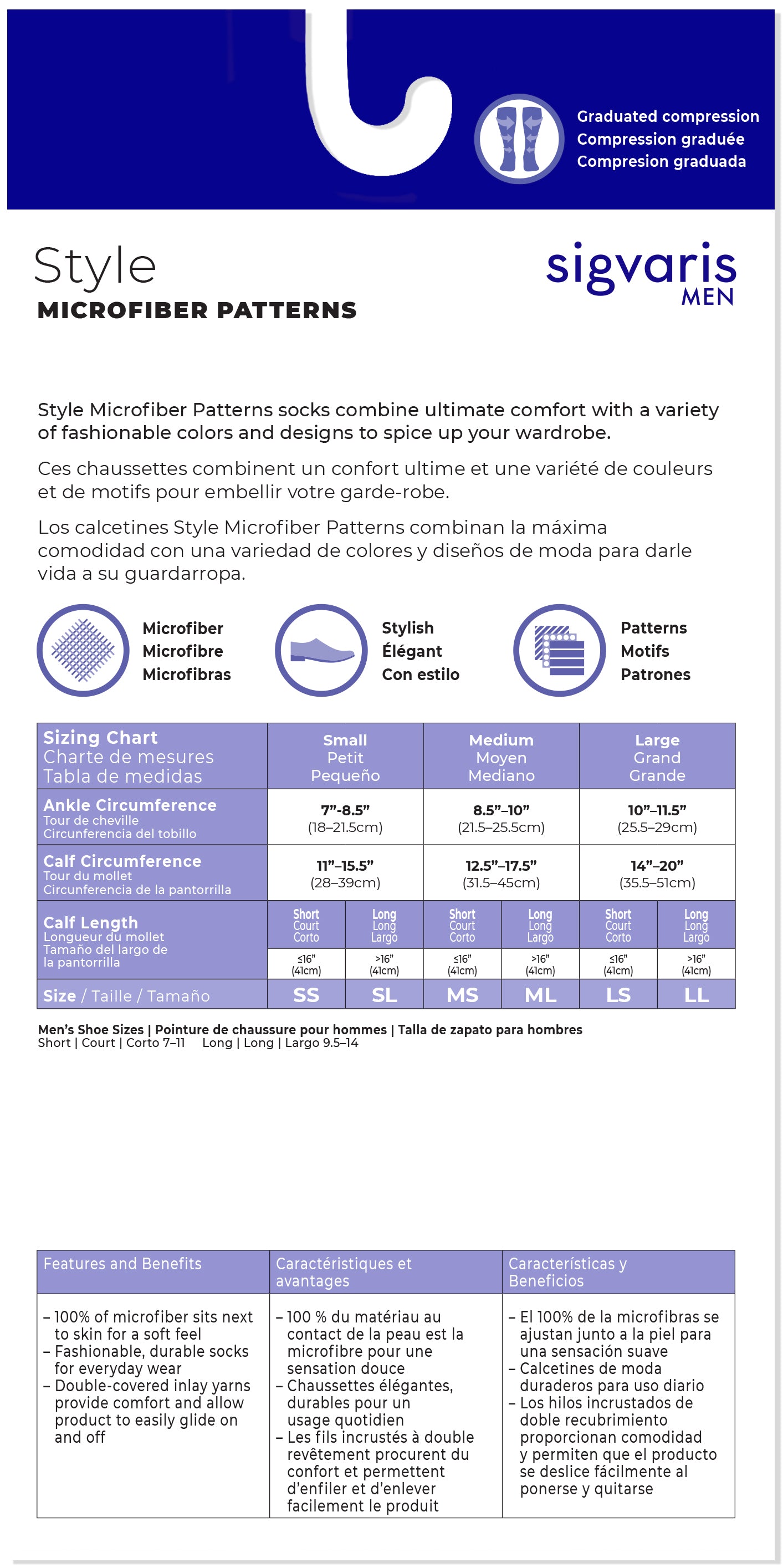 Sigvaris Men's graduated compression sock style chart with microfiber patterns and size chart.