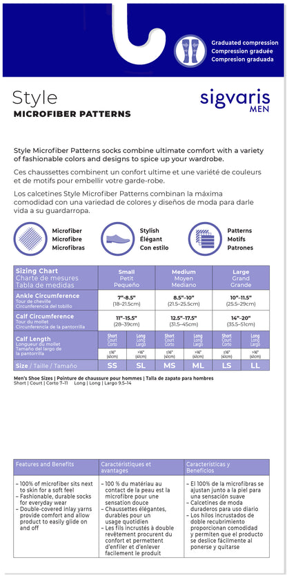 Sigvaris Men's graduated compression sock style chart with microfiber patterns and size chart.