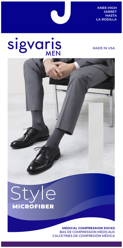 Sigvaris Men's compression socks packaging with a person wearing gray socks sitting on a chair.