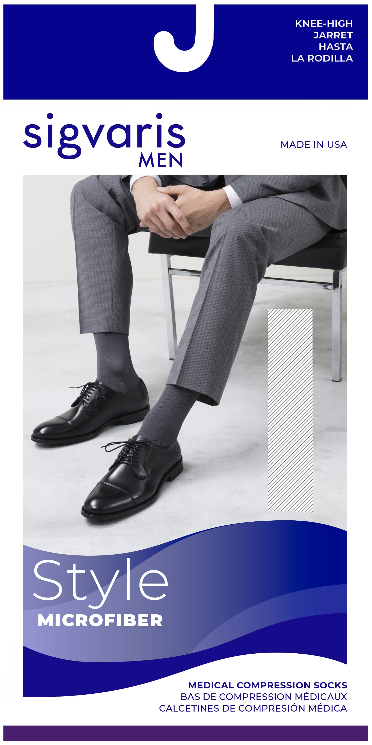 Sigvaris Men's compression socks packaging with a person wearing gray socks sitting on a chair.