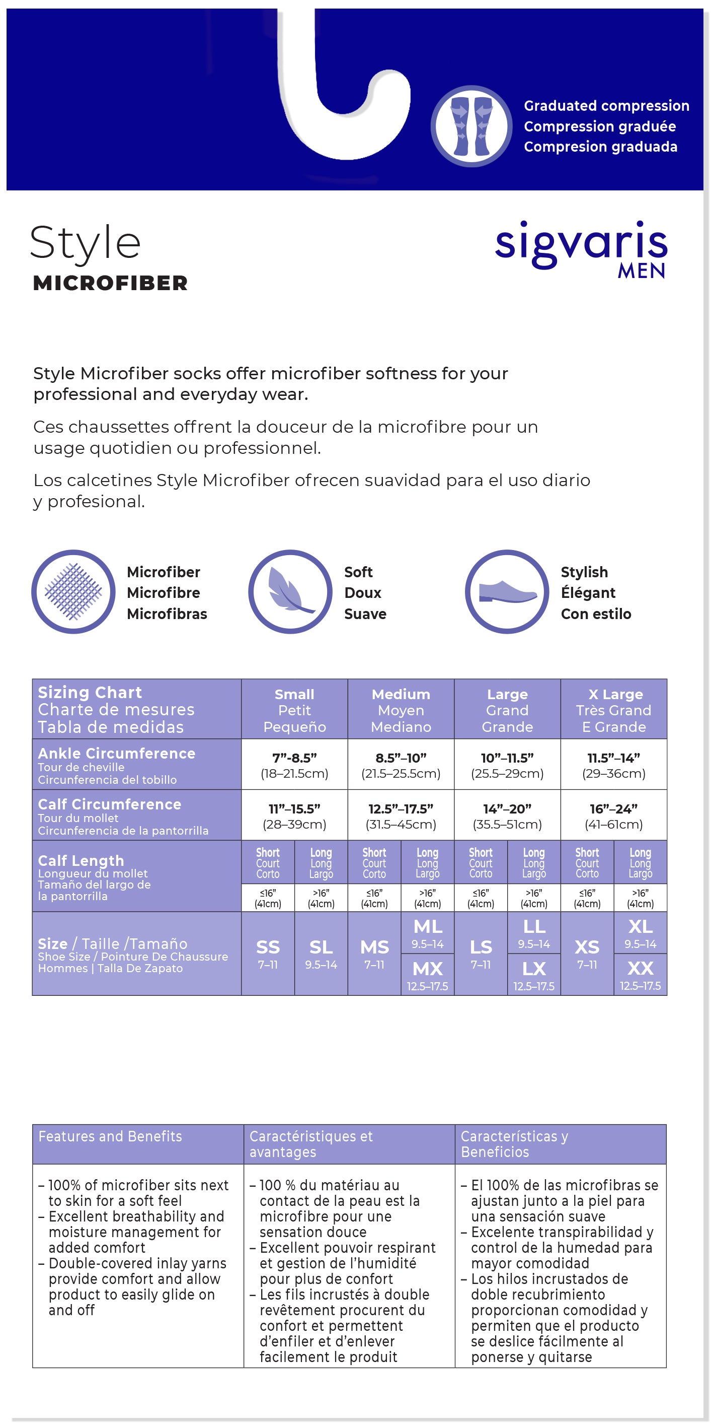 Sigvaris Men's compression sock size chart with brand logo and text.