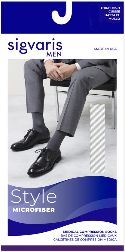 Sigvaris Men's compression socks packaging with a person wearing gray socks sitting on a chair.