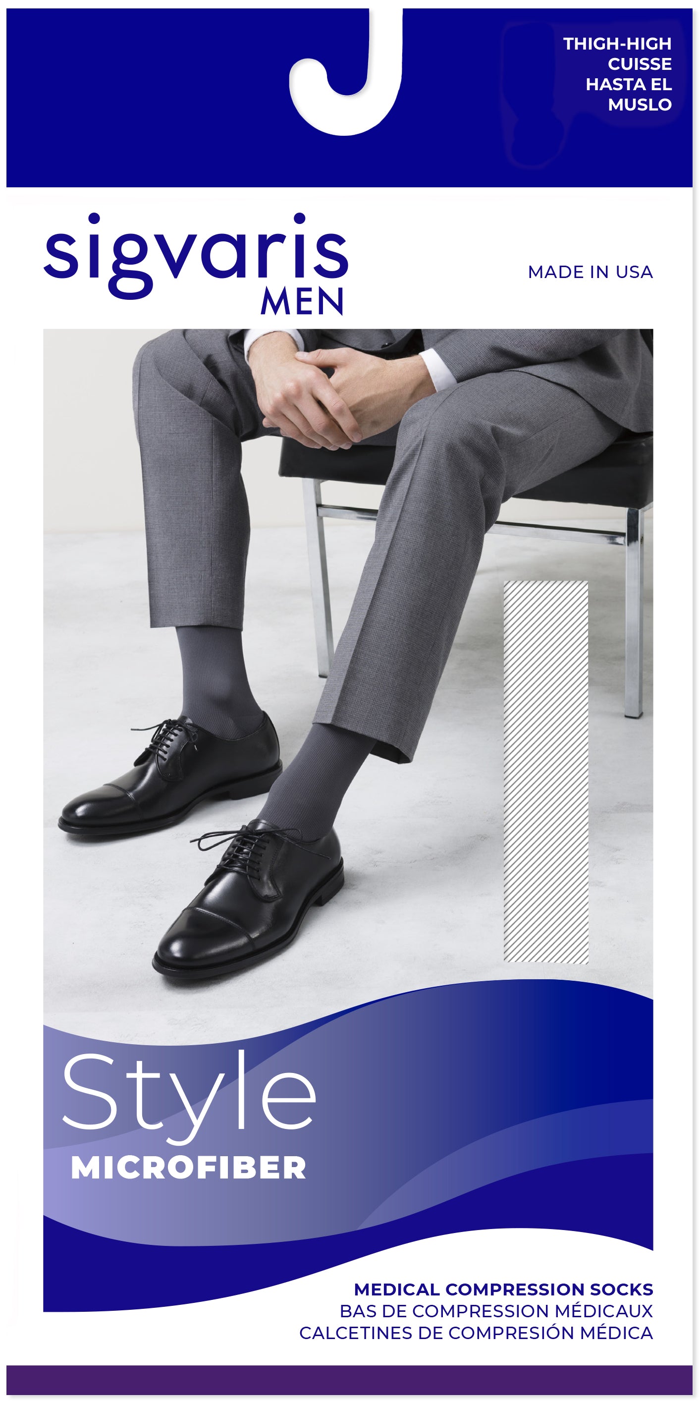 Sigvaris Men's compression socks packaging with a person wearing gray socks sitting on a chair.