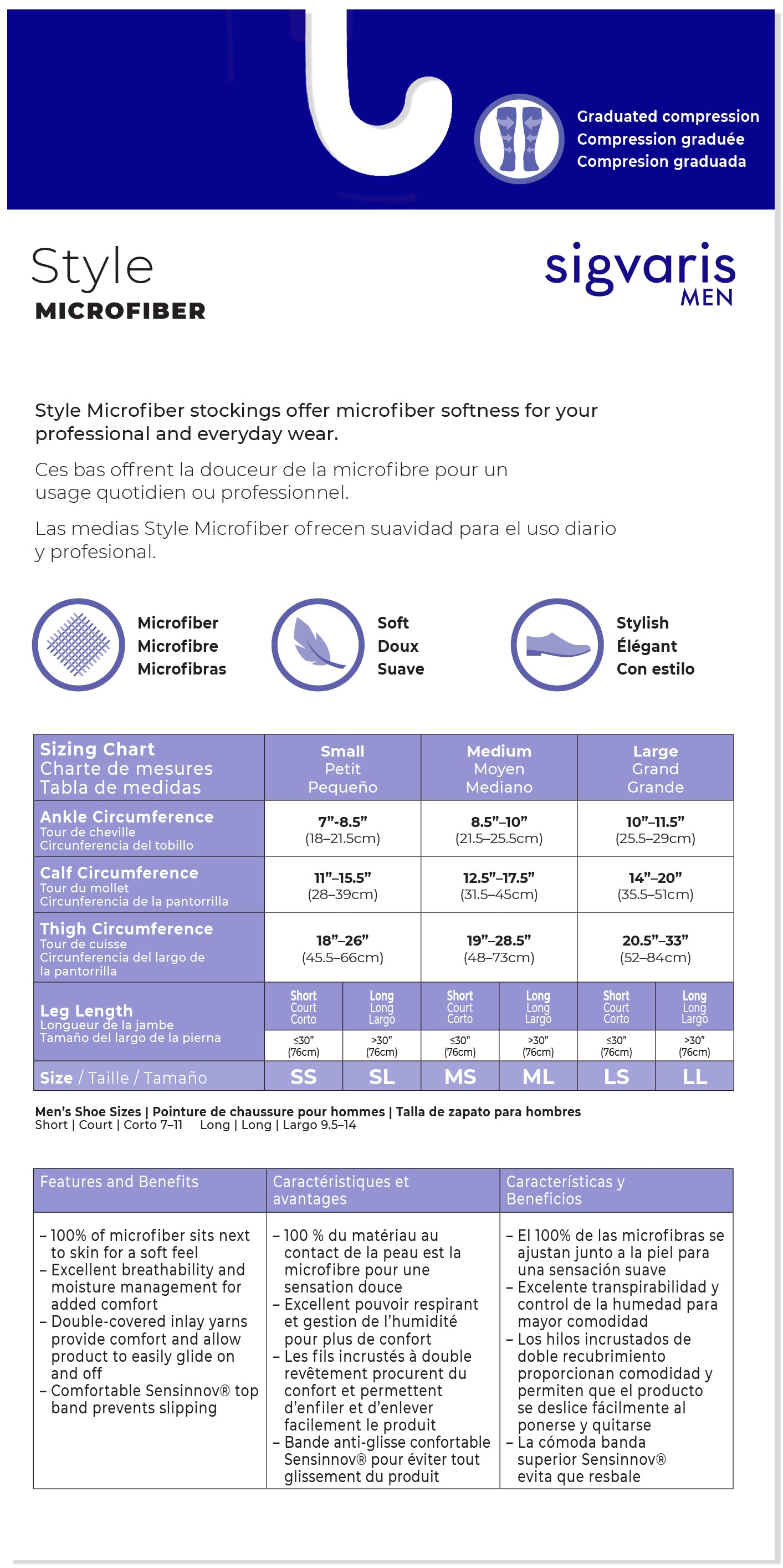 Sigvaris Men's compression stocking size chart with brand logo and text.