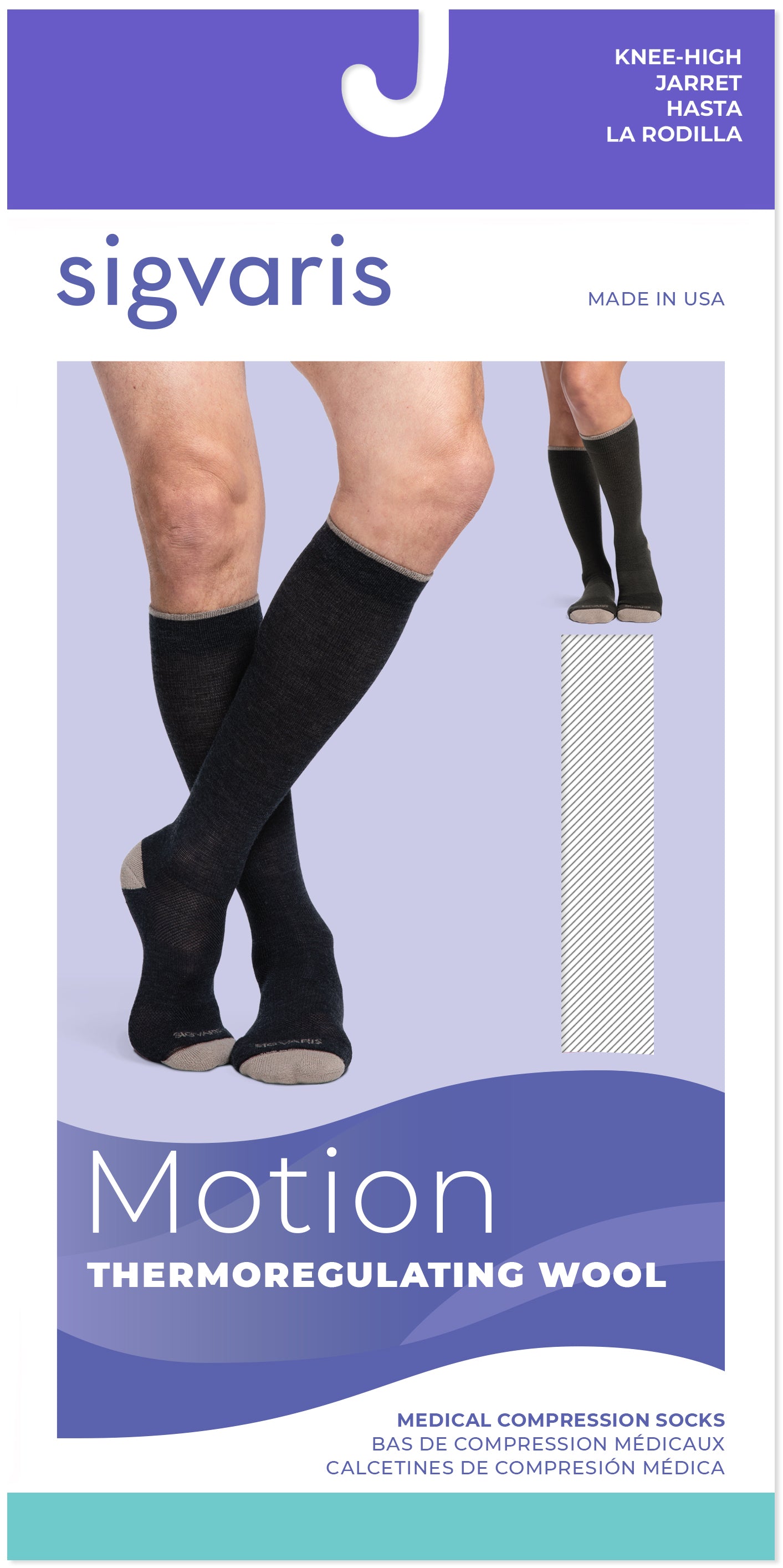 Sigvaris Motion thermoregulating wool compression socks packaging with a person wearing the socks.
