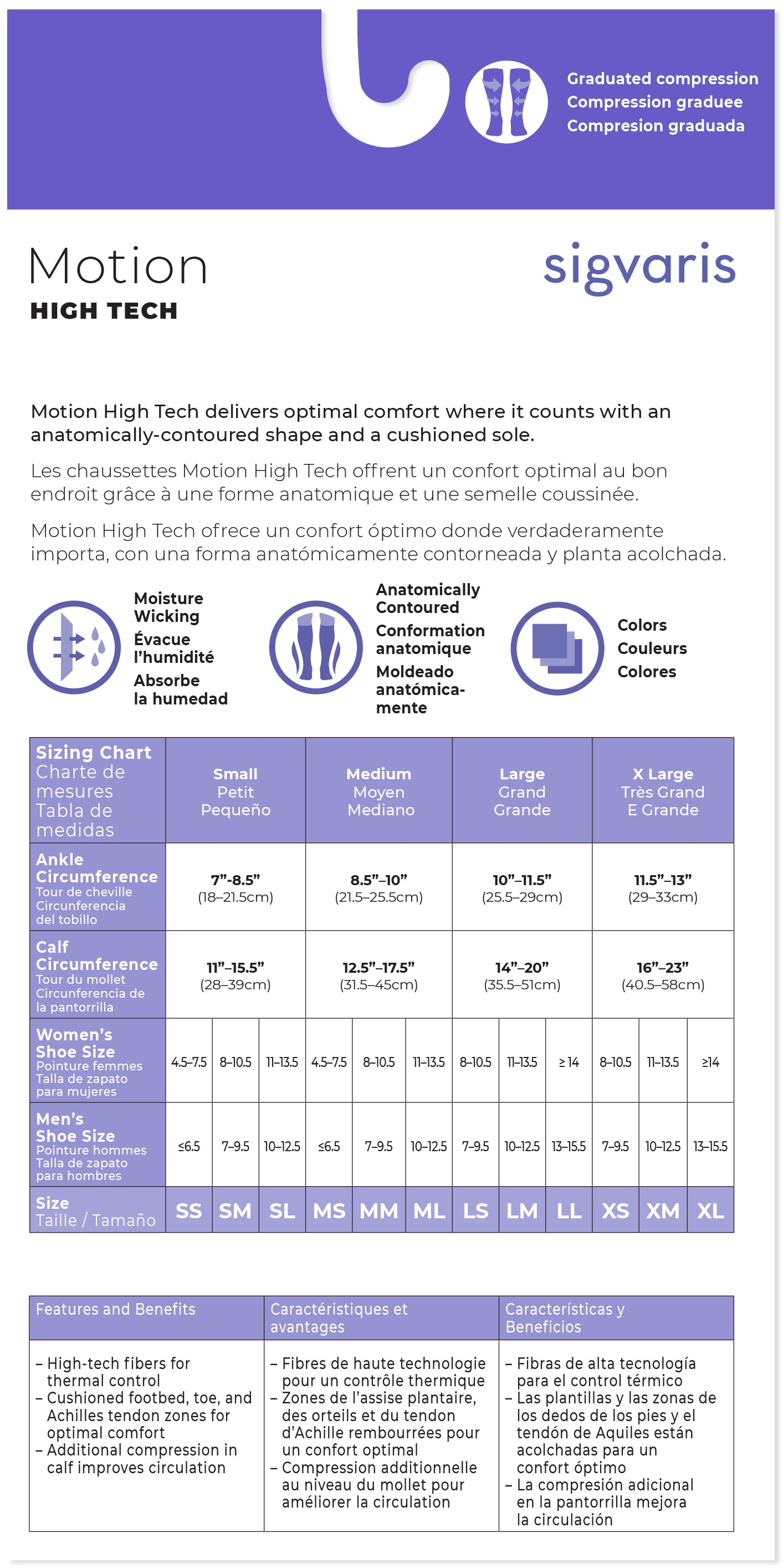 Sigvaris graduated compression stocking sizing chart with brand logo.