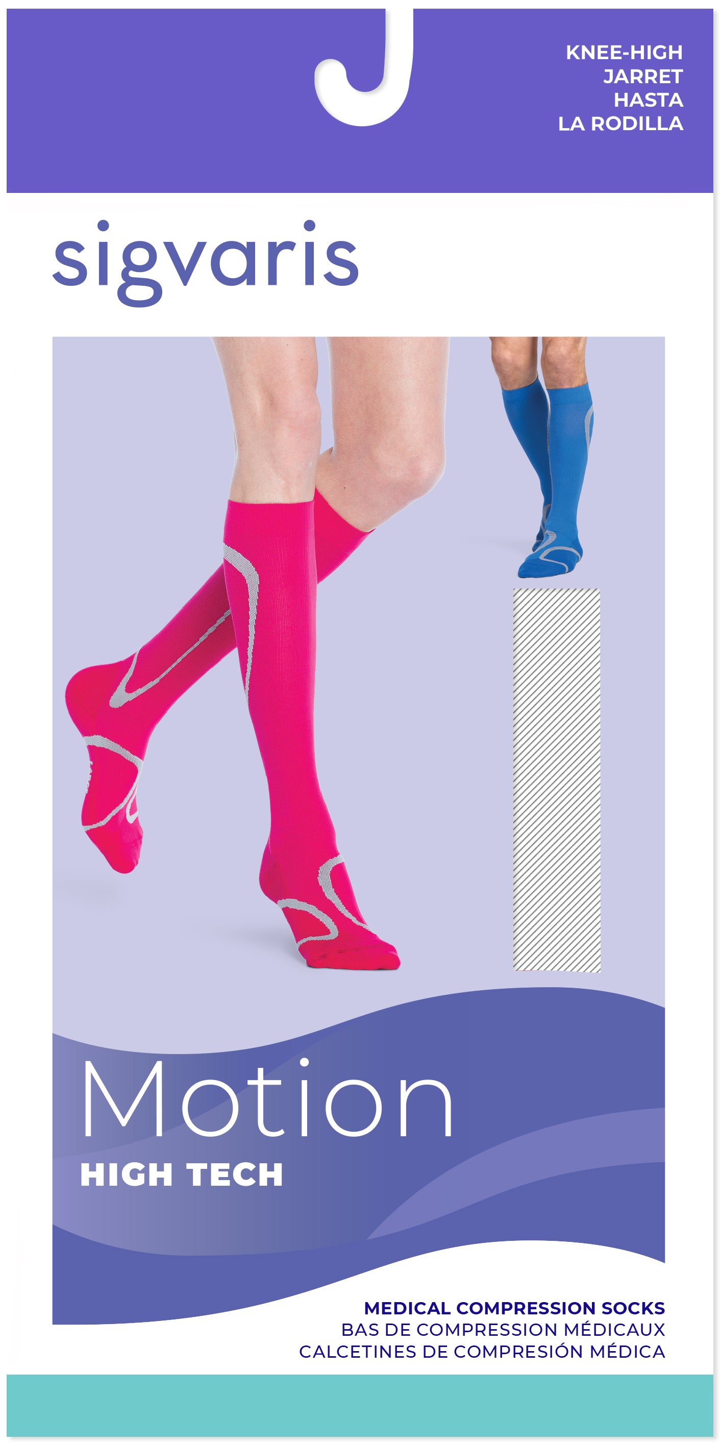 Sigvaris Motion High Tech compression socks packaging with a person wearing pink and blue socks.