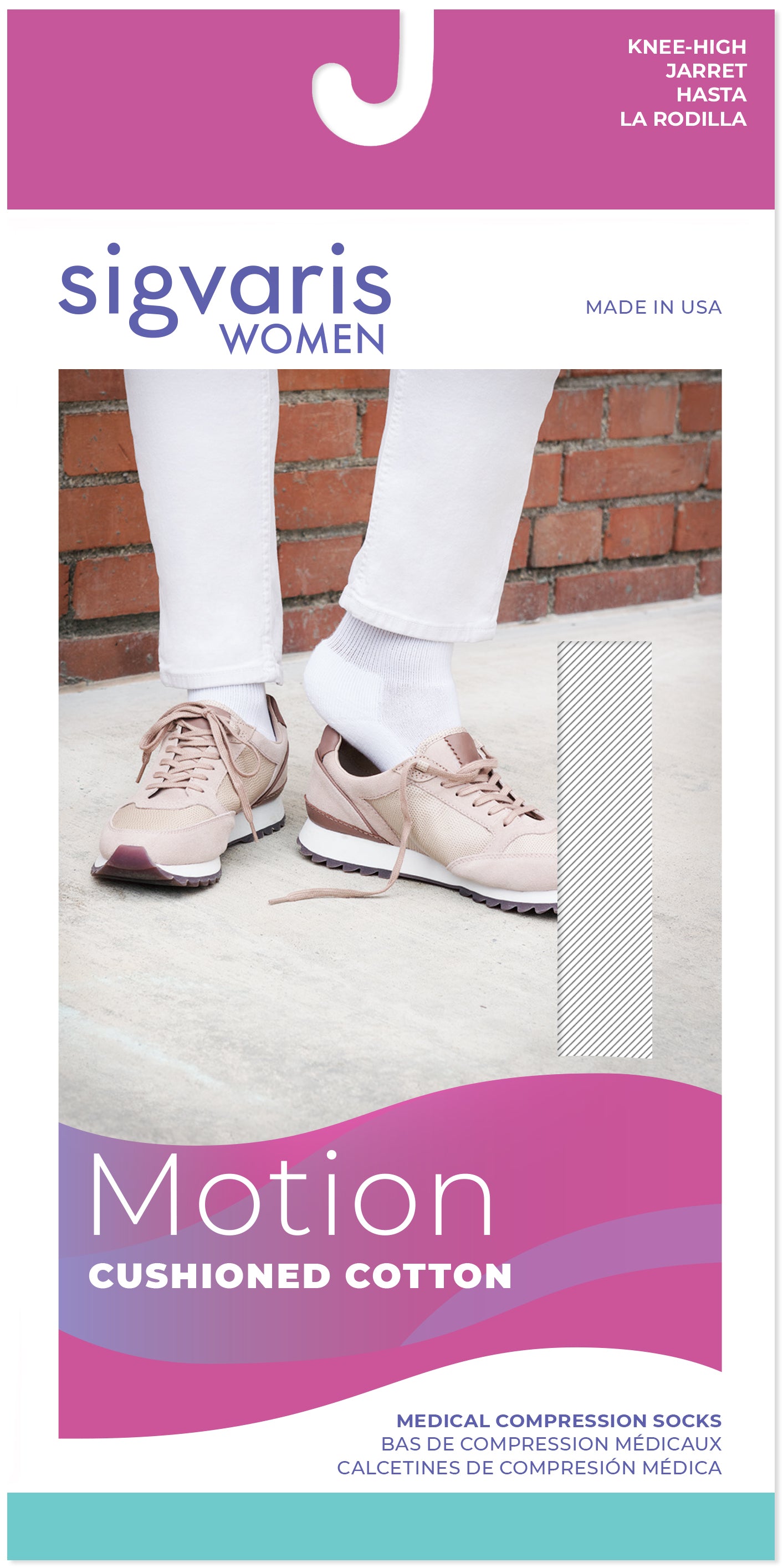 Sigvaris compression sock packaging with a person wearing socks on a white background