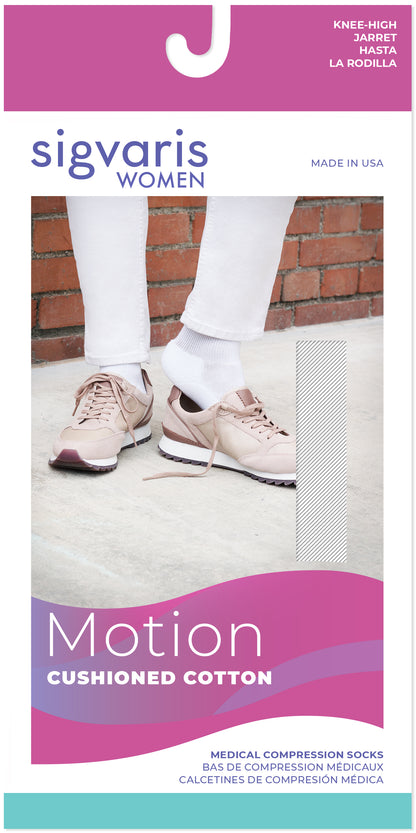 Sigvaris compression sock packaging with a person wearing socks on a white background